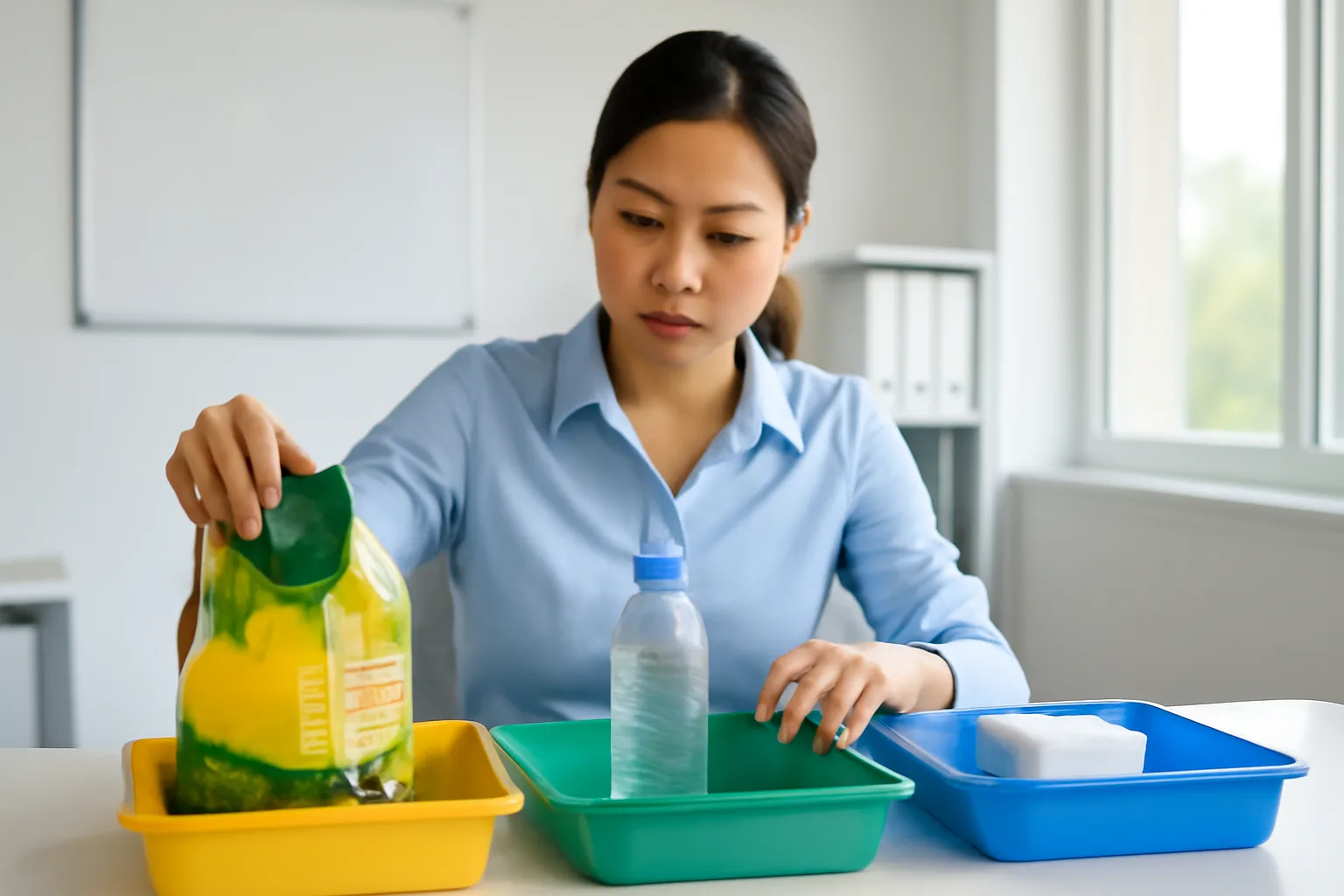 Nhân viên kế toán phân loại mẫu hàng hoá trên bàn để xác định thuế suất giá trị gia tăng