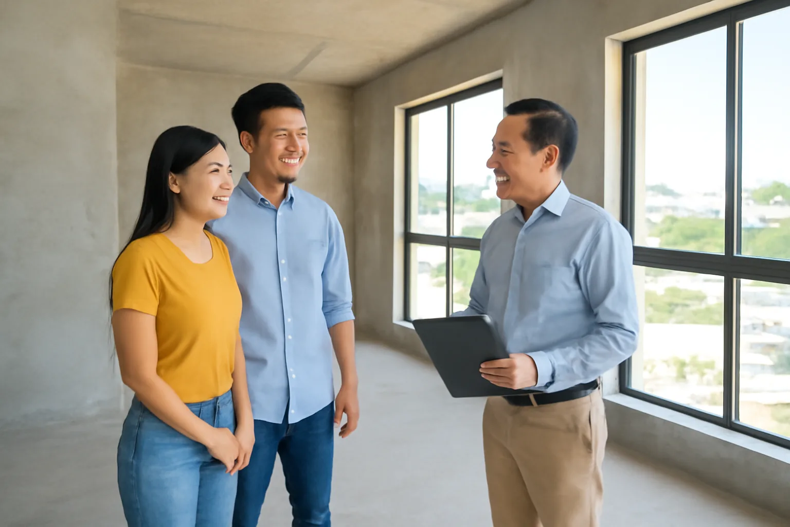 Hai vợ chồng trẻ và người mua lại đứng trong căn hộ chưa hoàn thiện nội thất