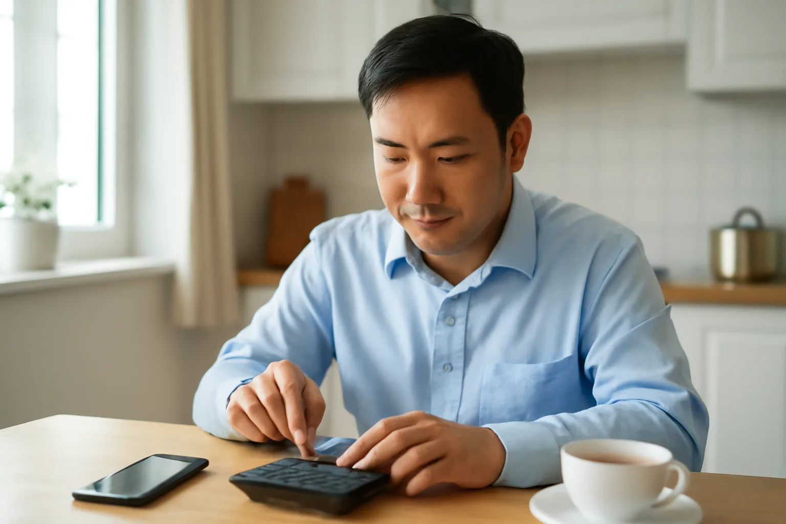 Người lao động văn phòng ngồi bàn bếp dùng máy tính bỏ túi tính thuế lương tháng
