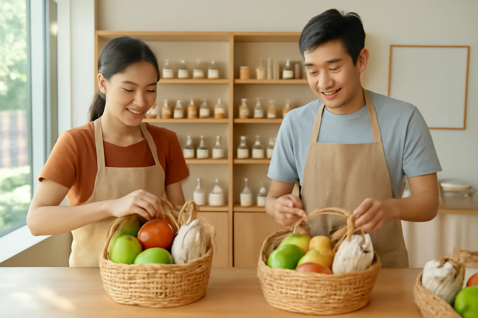 Nhân viên cửa hàng xếp các món khác nhau vào giỏ quà trên bàn đóng gói
