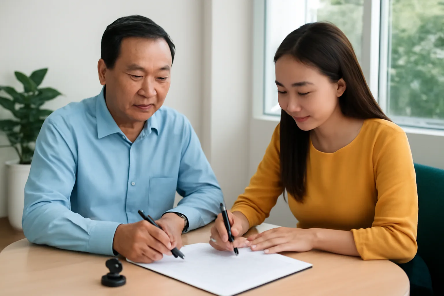 Cổ đông và kế toán công ty ký hợp đồng vay vốn tại bàn họp nhỏ