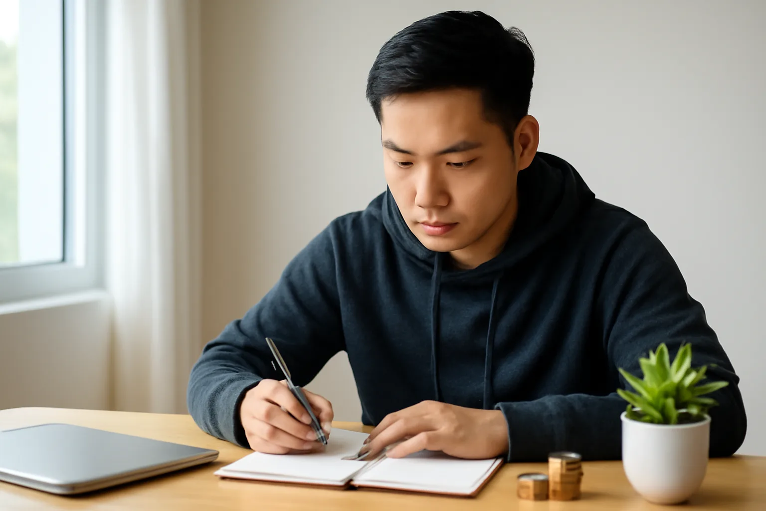 Nhà đầu tư trẻ ngồi bàn làm việc ở nhà ghi chép sổ theo dõi cổ phiếu bên cạnh máy tính xách tay
