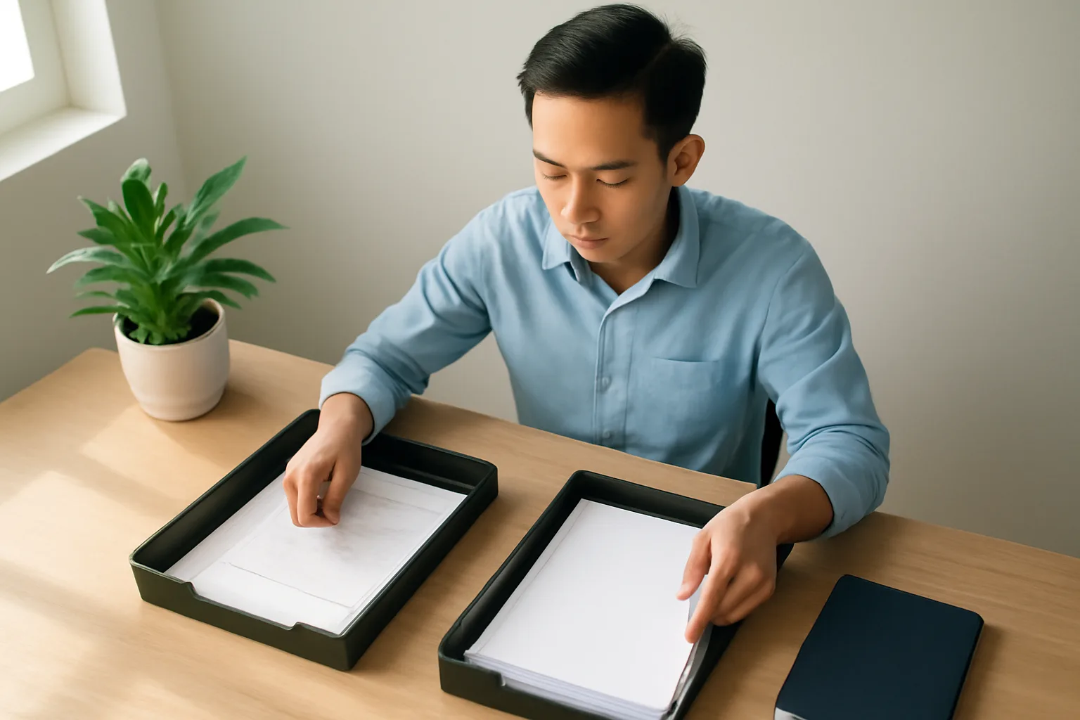 Kế toán xếp hoá đơn và phiếu giao hàng theo ngày trên bàn làm việc trong ngày cuối tháng