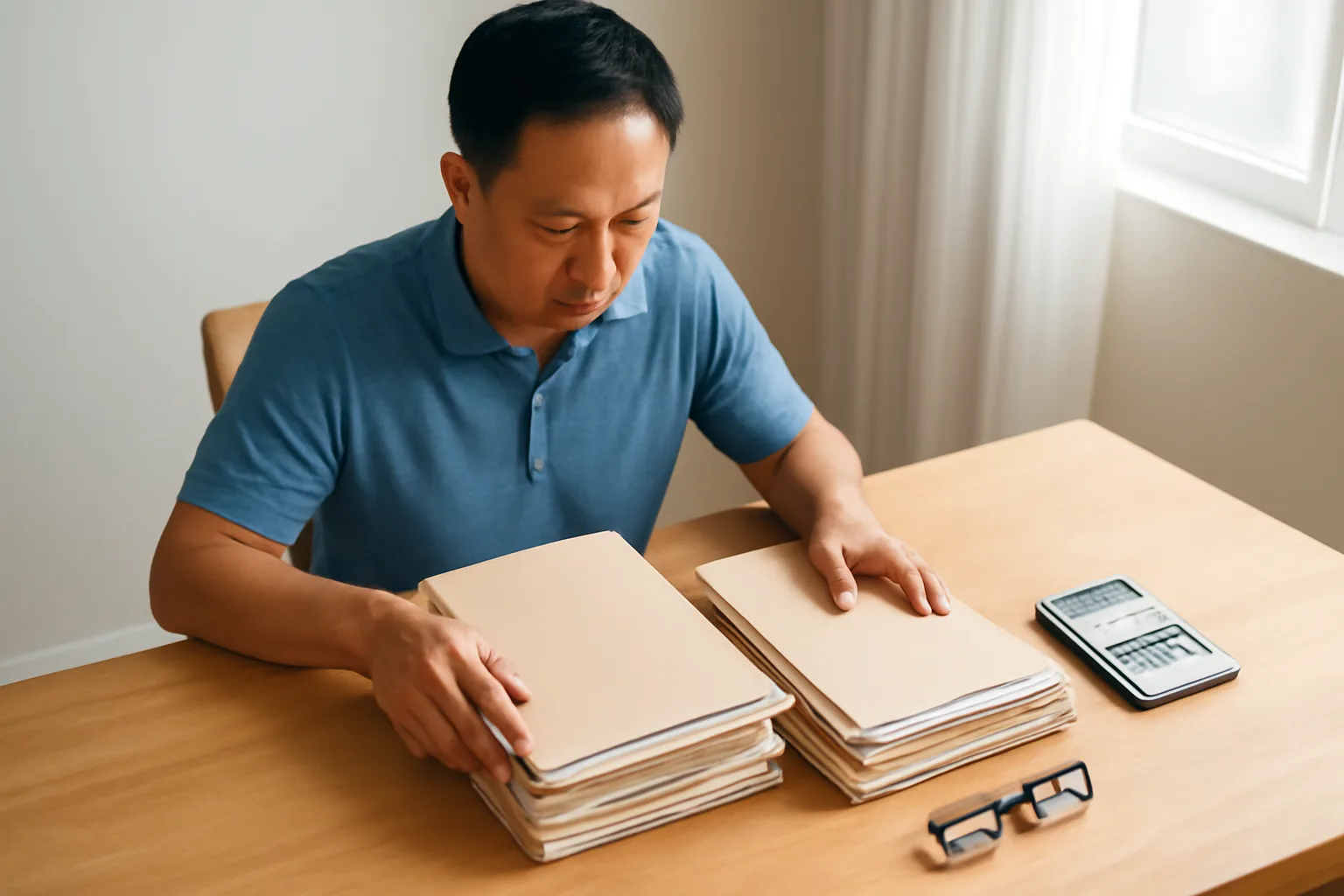 Nhà đầu tư cá nhân xếp các xấp hồ sơ giao dịch thành hai chồng trên bàn làm việc ở nhà