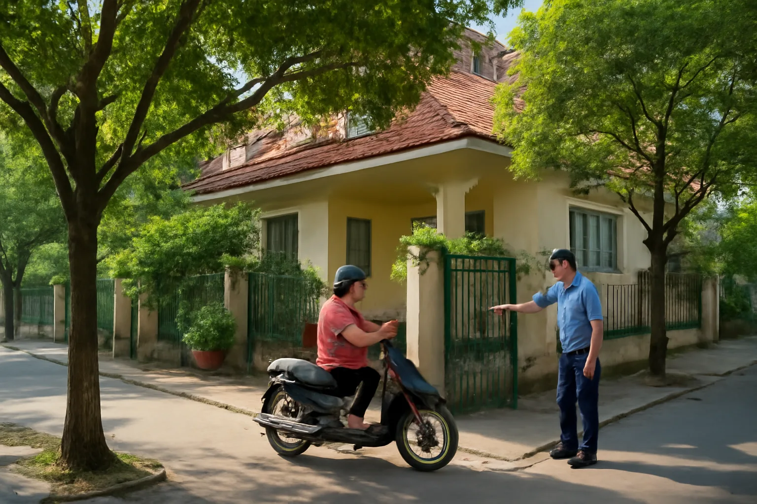 Toà nhà thấp tầng có sân trước trồng cây xanh được dùng làm cơ sở giáo dục
