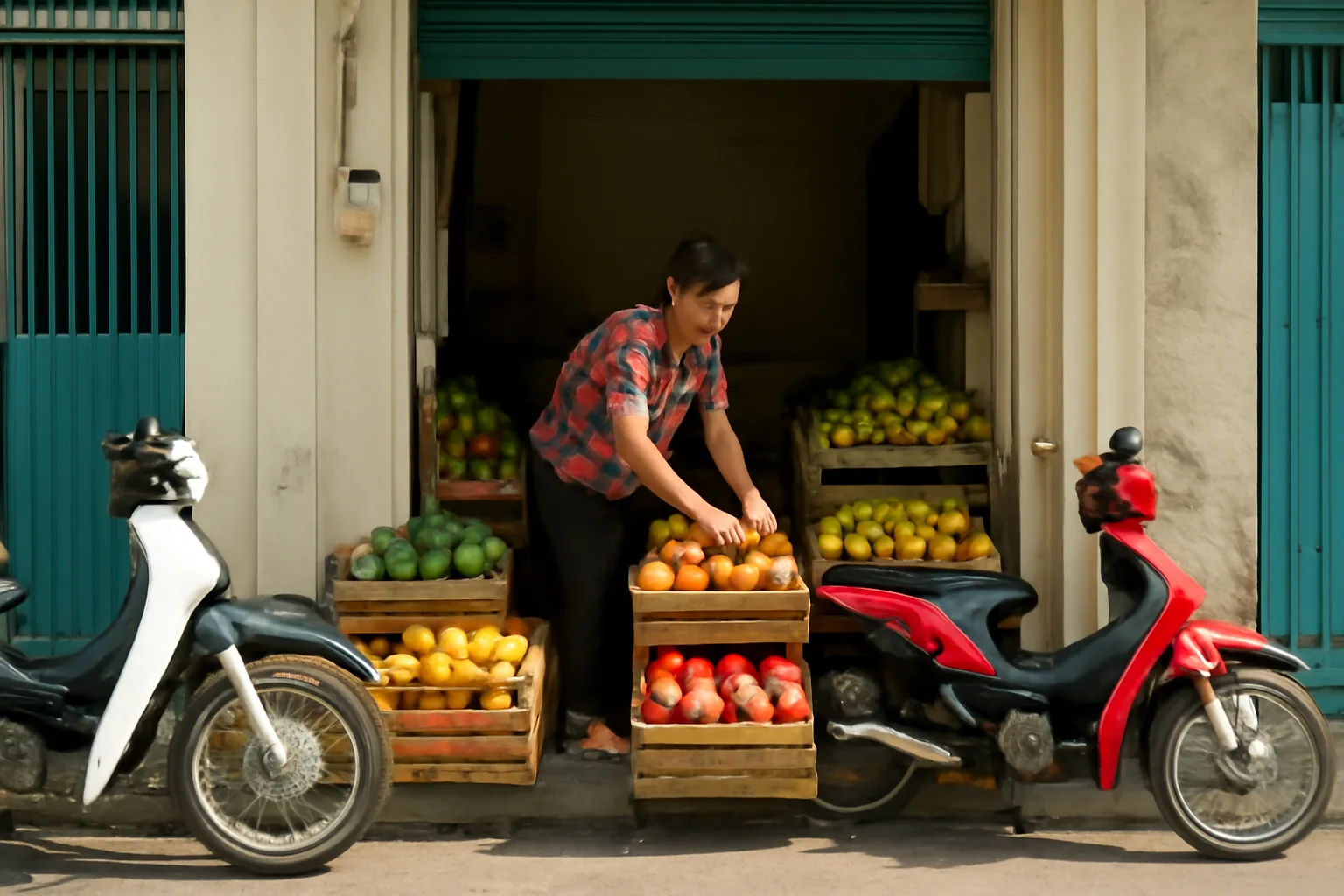 Chủ tiệm tạp hoá mặt phố đứng trước cửa hàng tầng trệt nhìn ra vỉa hè buổi sáng
