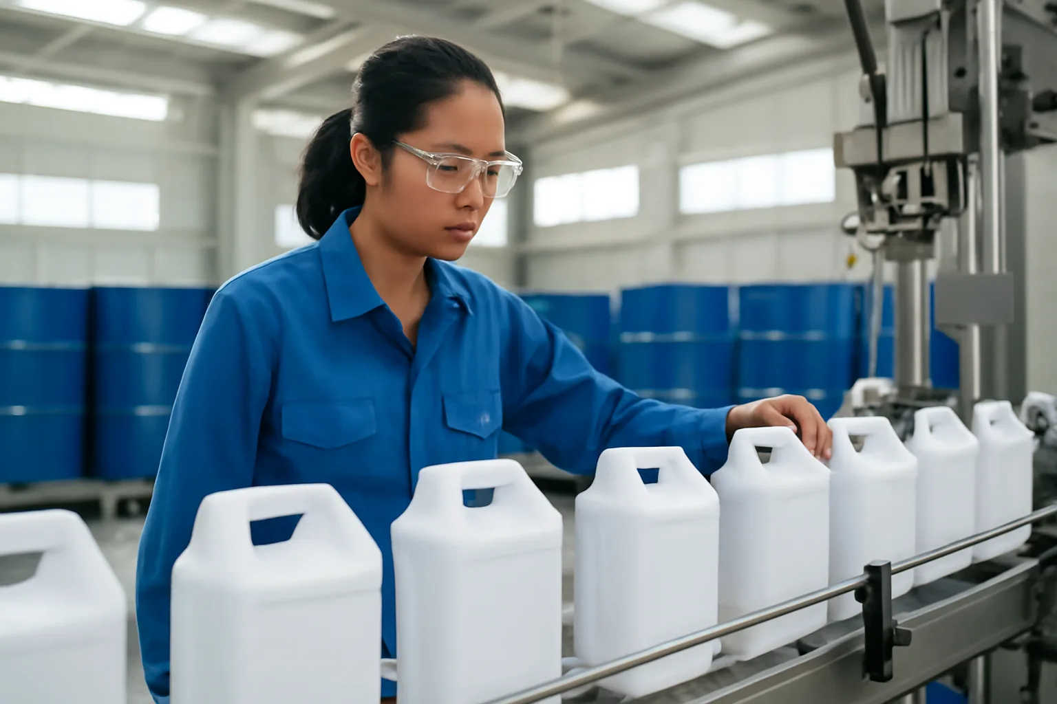 Công nhân xưởng pha chế dầu nhờn kiểm tra dây chuyền chiết rót can nhựa