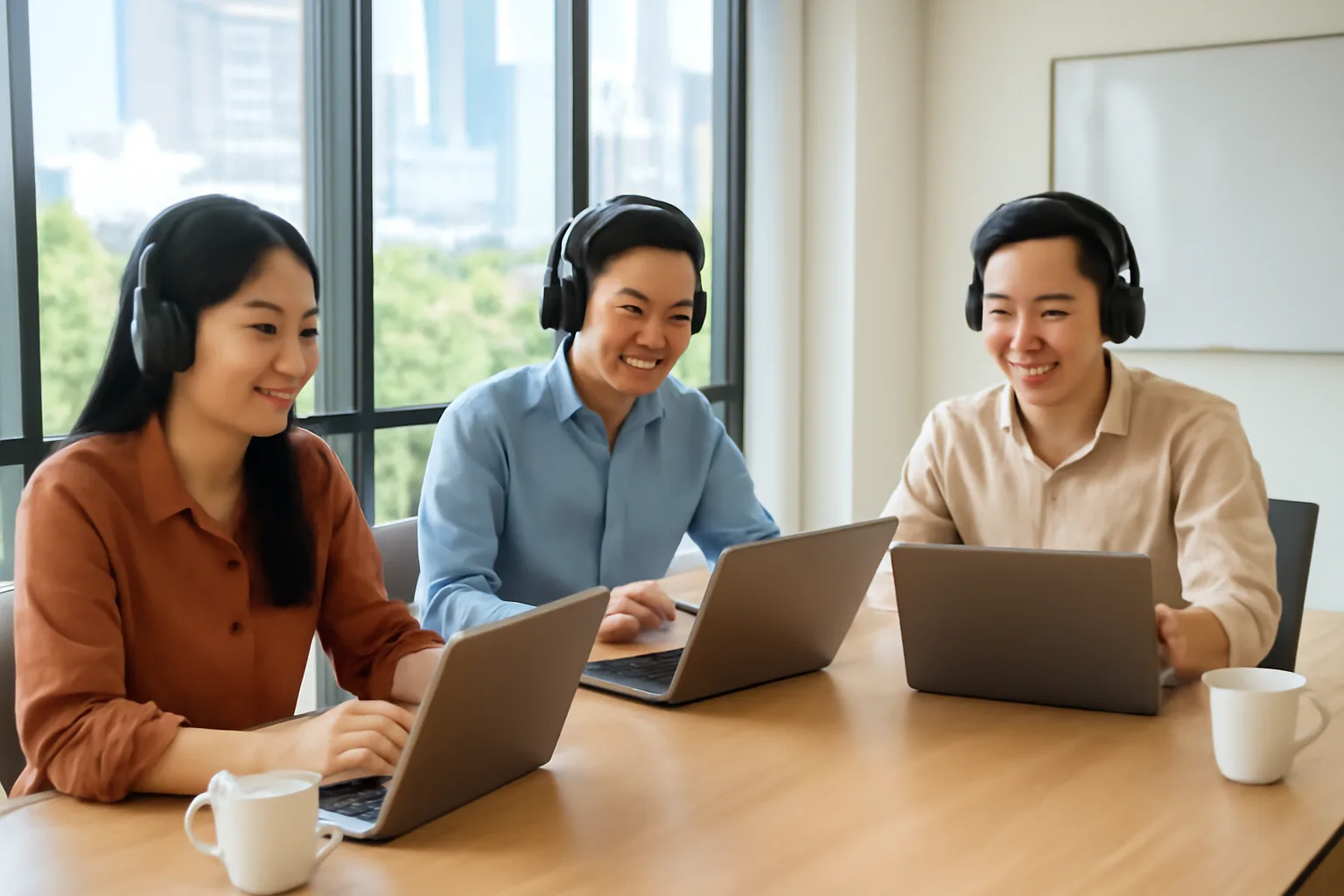Nhóm lập trình viên họp trực tuyến với khách hàng nước ngoài trong văn phòng sáng