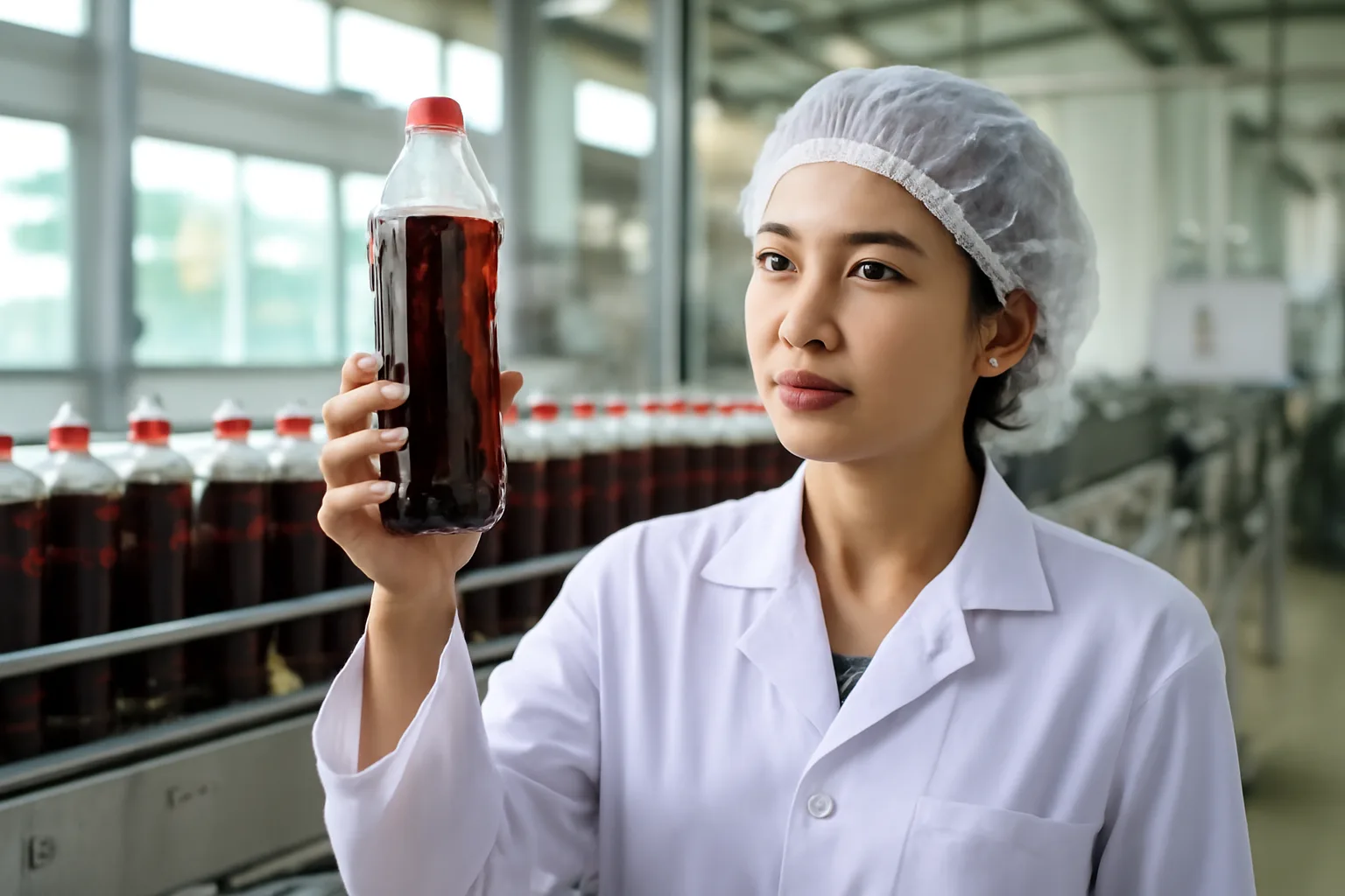 Nhân viên phòng thí nghiệm của nhà máy đồ uống kiểm tra mẫu chai nước ngọt trên dây chuyền