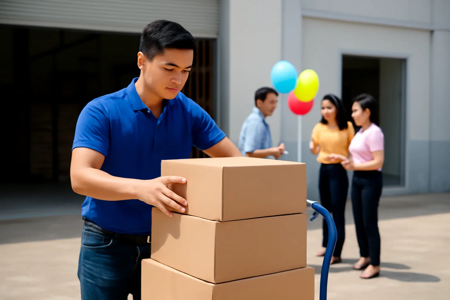 Nhân viên nhà máy xếp các thùng đồ uống không nhãn lên xe đẩy để mang đi sự kiện