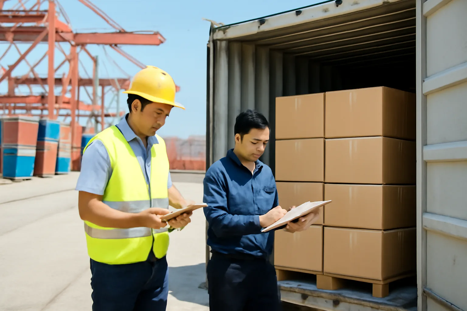 Nhân viên kho kiểm đếm các thùng hàng tái nhập vừa dỡ khỏi container tại cảng