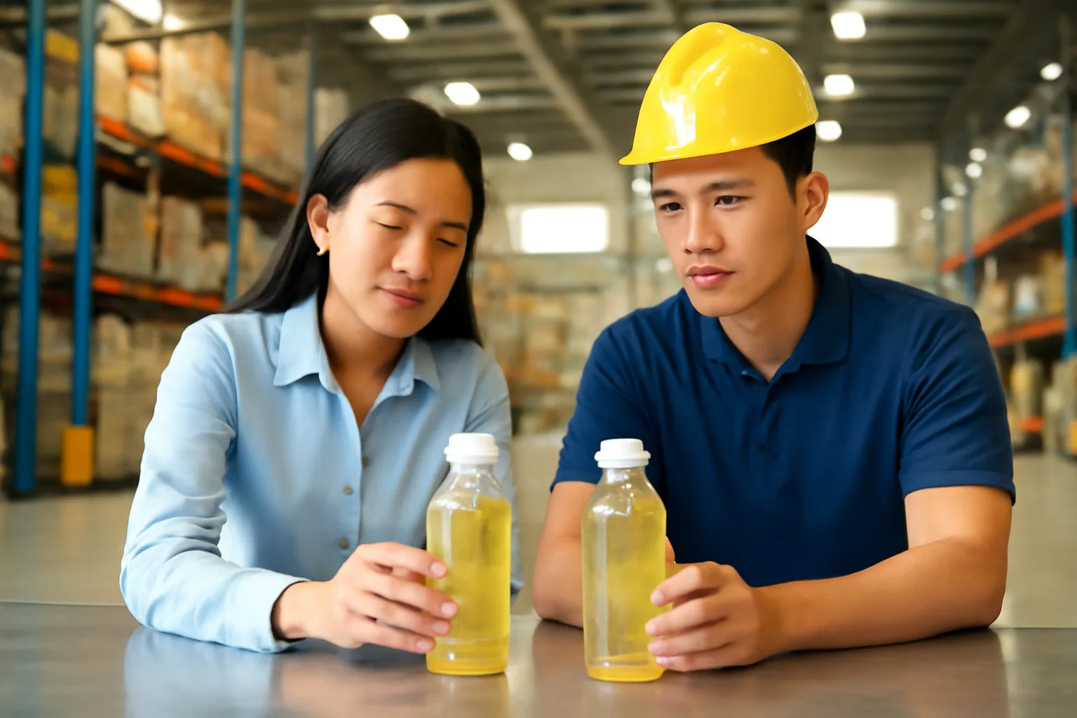 Nhân viên kế toán so hai mẫu sản phẩm đặt cạnh nhau trên bàn kho để xác định nhóm thuế suất