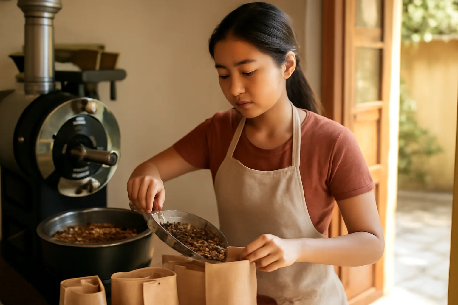 Người phụ nữ đóng túi cà phê rang tại xưởng nhỏ của gia đình