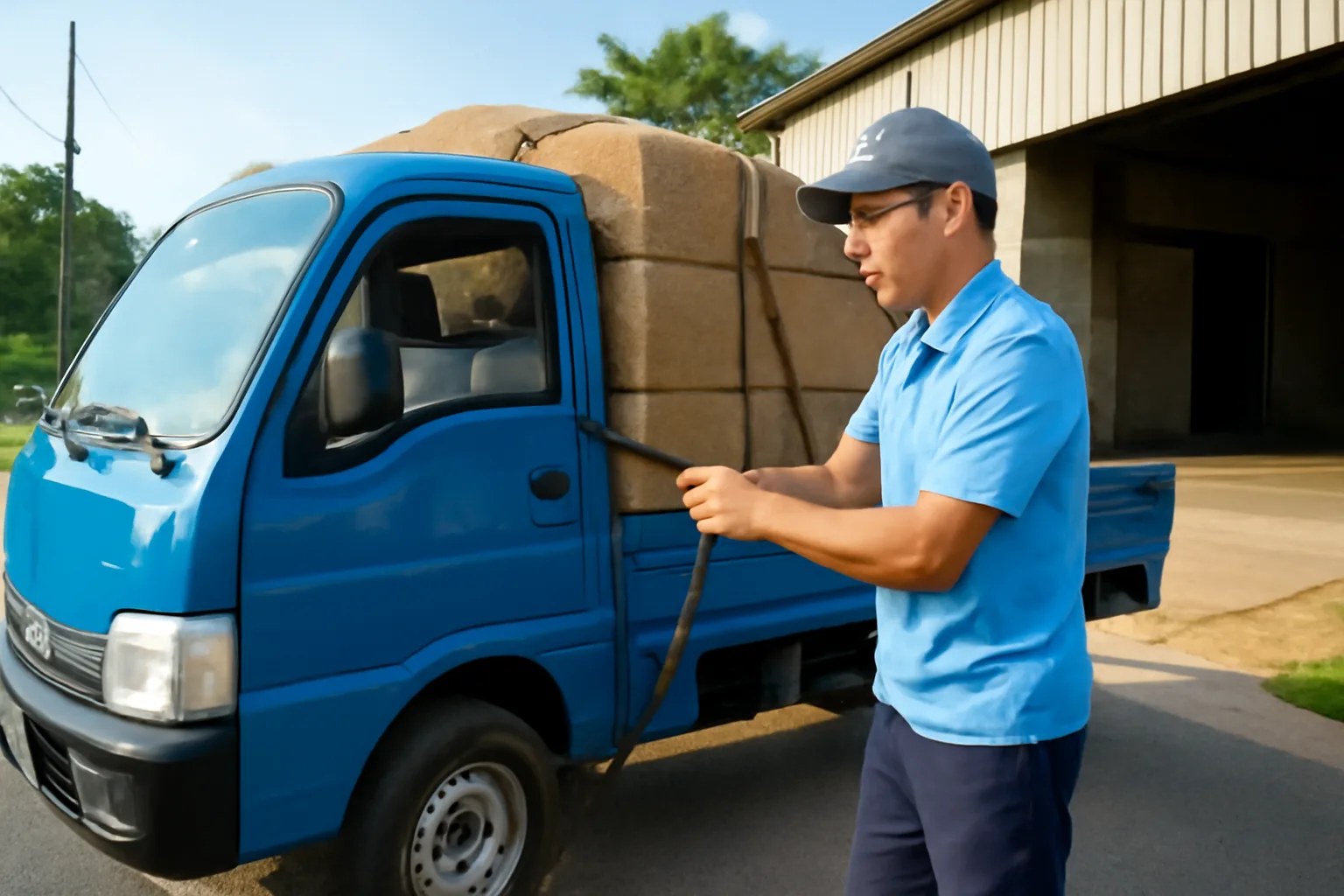 Tài xế xe tải nhỏ kiểm tra hàng buộc trên thùng xe trước chuyến giao hàng