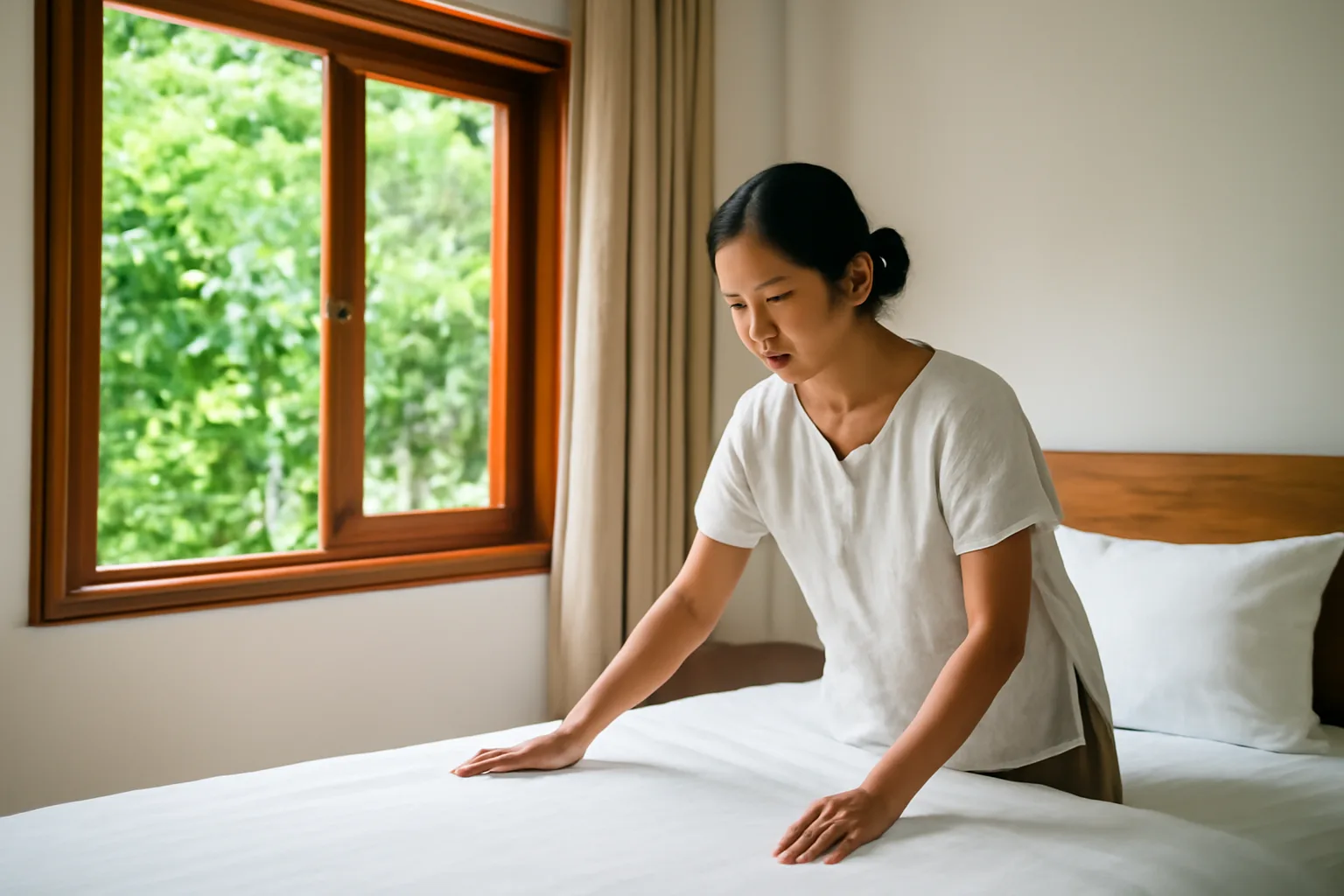 Chủ homestay trải ga giường trắng trong căn phòng nhỏ có cửa sổ nhìn ra vườn