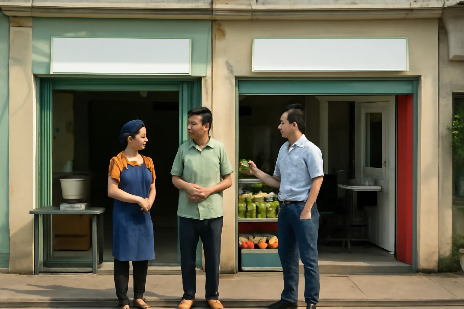 Ba chủ hộ kinh doanh gồm chủ quán ăn, chủ tiệm tạp hoá và thợ cắt tóc trò chuyện trước dãy cửa hàng