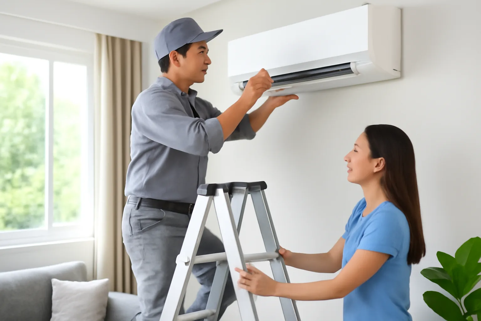 Thợ điện lạnh lắp máy điều hoà mới cho gia đình trong phòng khách sáng