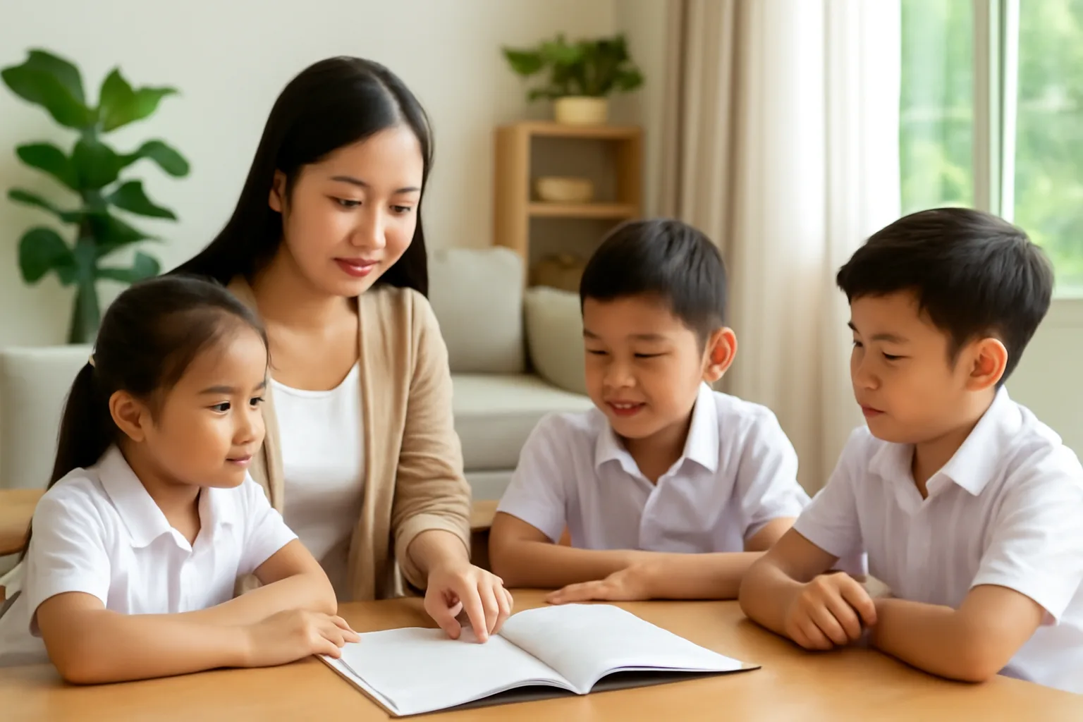 Cô giáo hướng dẫn ba học sinh làm bài quanh bàn gỗ trong phòng khách