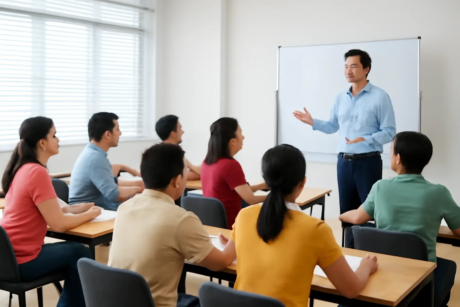 Học viên người lớn ngồi học trong lớp đào tạo kỹ năng có bảng trắng trống