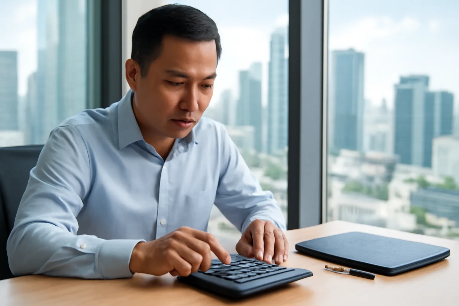 Giám đốc tài chính dùng máy tính bỏ túi tính lại giá trị hợp đồng bên cửa sổ văn phòng cao tầng