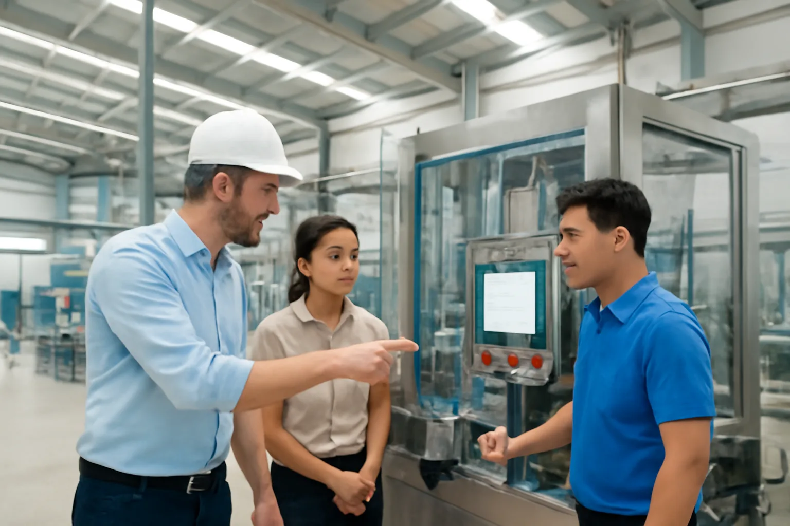 Kỹ sư nước ngoài hướng dẫn kỹ thuật viên Việt Nam vận hành máy mới trong nhà xưởng