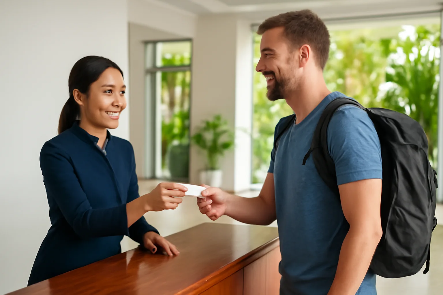 Lễ tân khách sạn trao chìa khoá phòng cho khách du lịch tại quầy