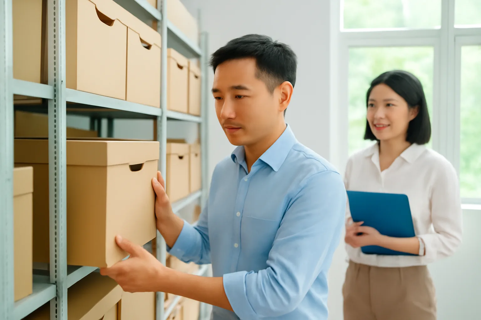 Kế toán lục hộp hồ sơ năm cũ để đối chiếu hoá đơn bị sót trong kho lưu trữ