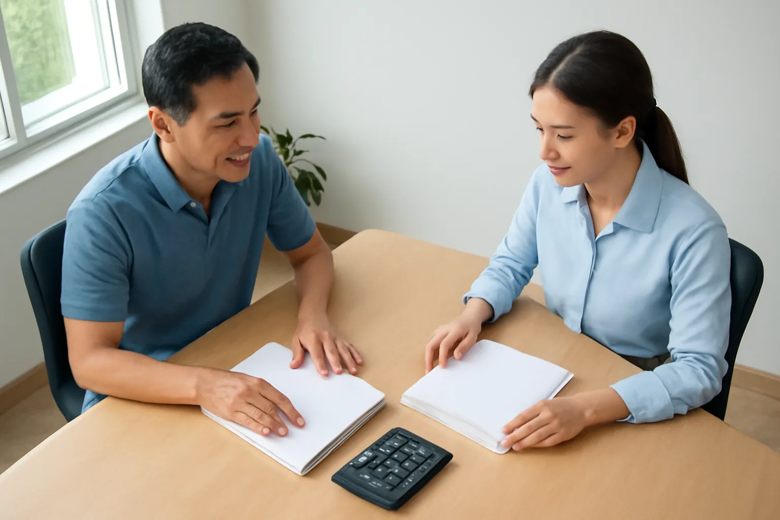 Kế toán và giám đốc so sánh hai xấp hoá đơn mua vào trong phòng họp nhỏ