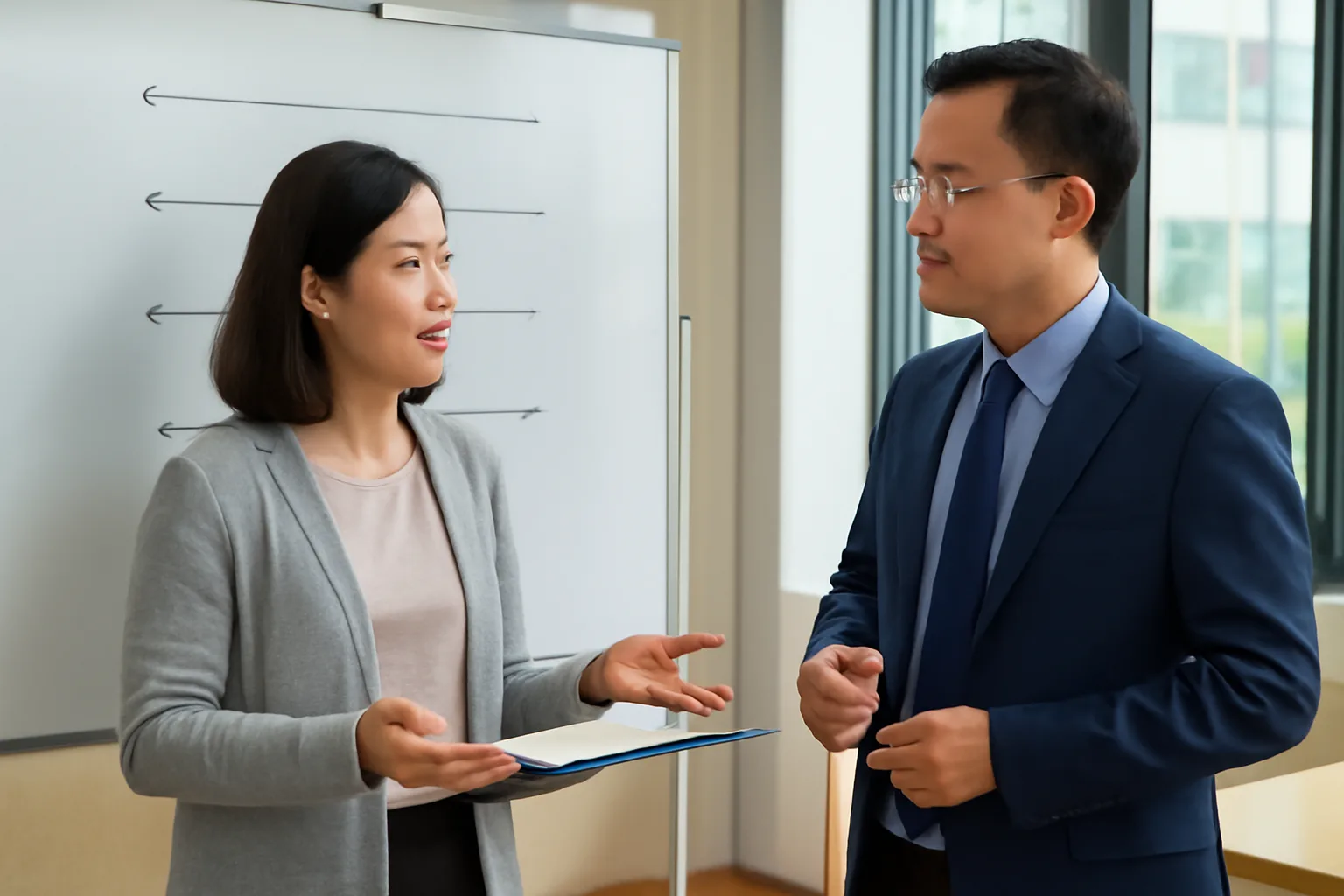 Nữ kế toán trưởng và giám đốc tài chính xem lịch trả nợ trên máy tính bảng úp trong phòng họp nhỏ
