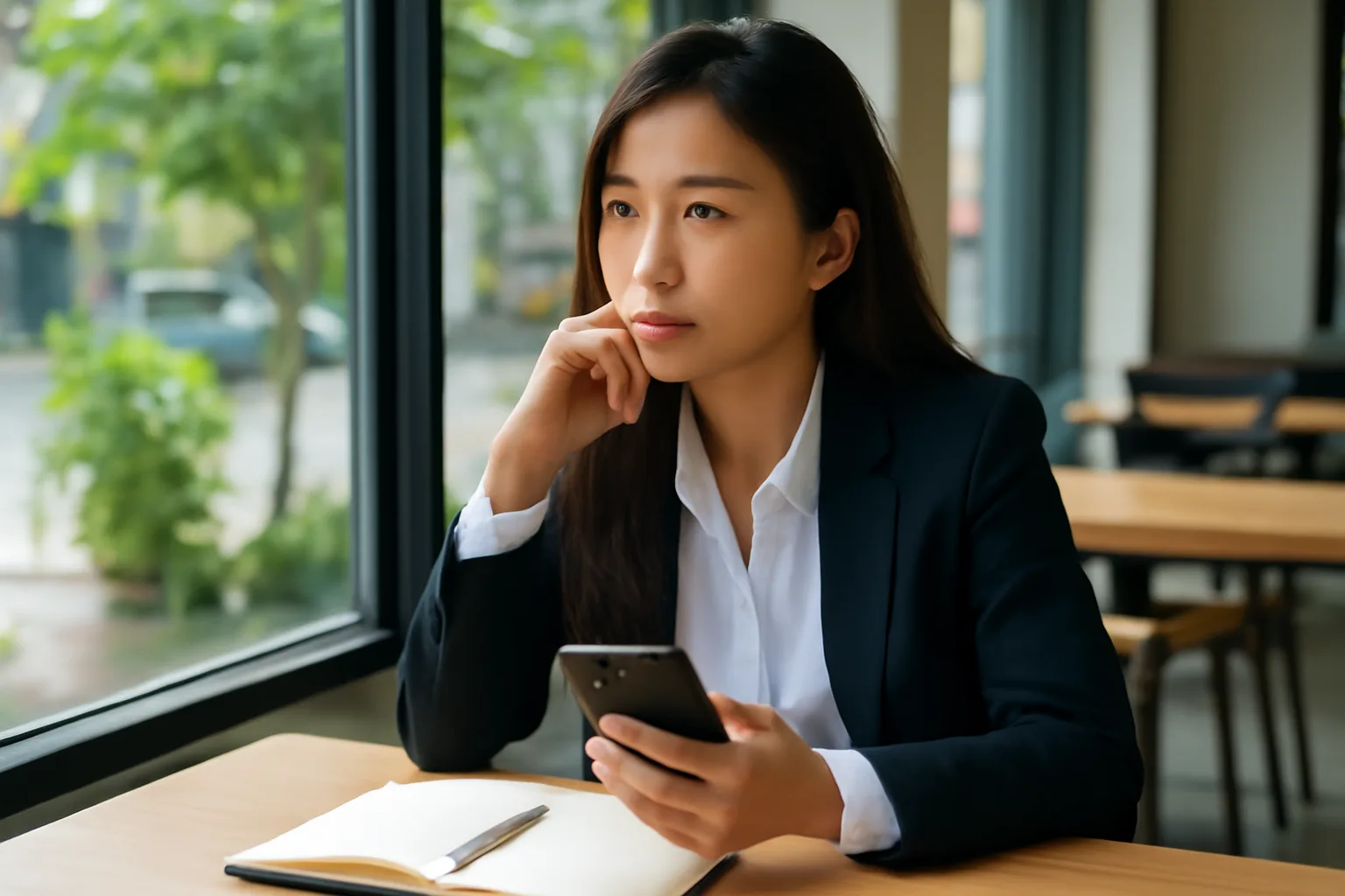 Nhân viên trẻ xem phiếu lương trên điện thoại trong quán cà phê gần văn phòng