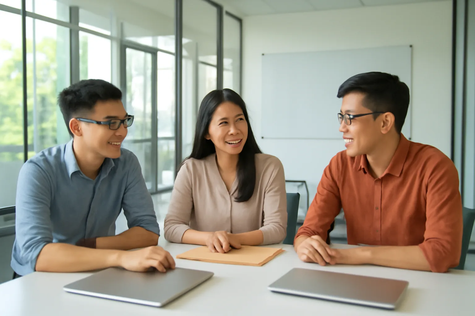 Nhóm nhân viên công nghệ họp quanh bàn dài xem tài liệu triển khai phần mềm
