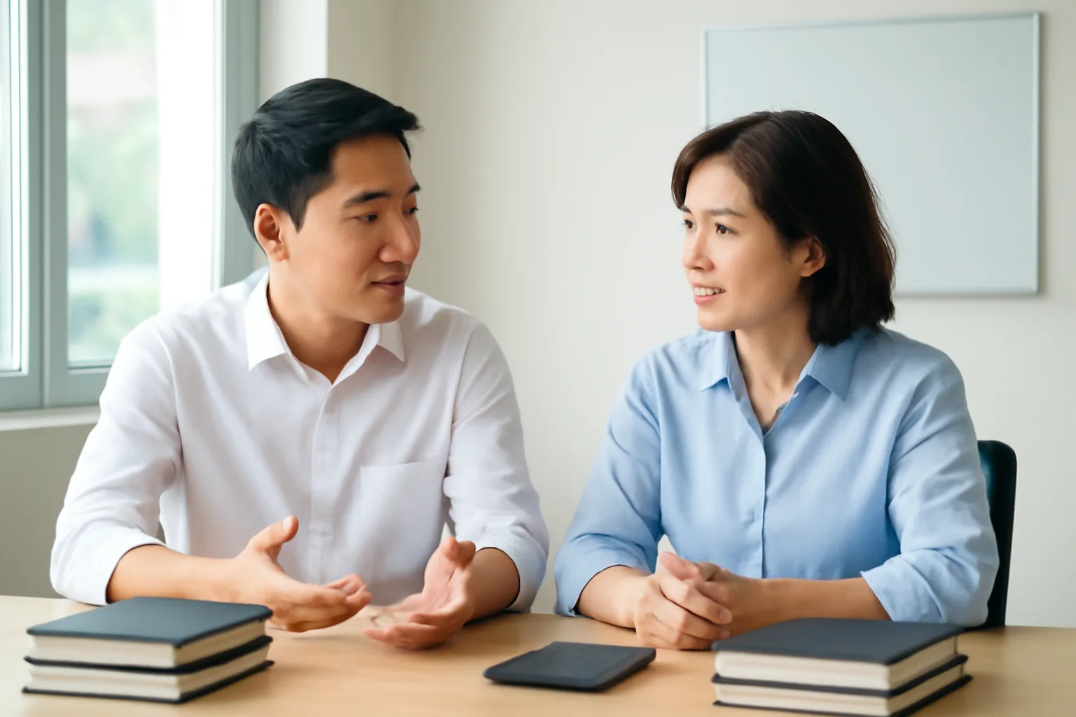 Giám đốc công ty nhỏ và kế toán trưởng bàn bạc bên bàn làm việc có hai chồng sổ và máy tính bỏ túi