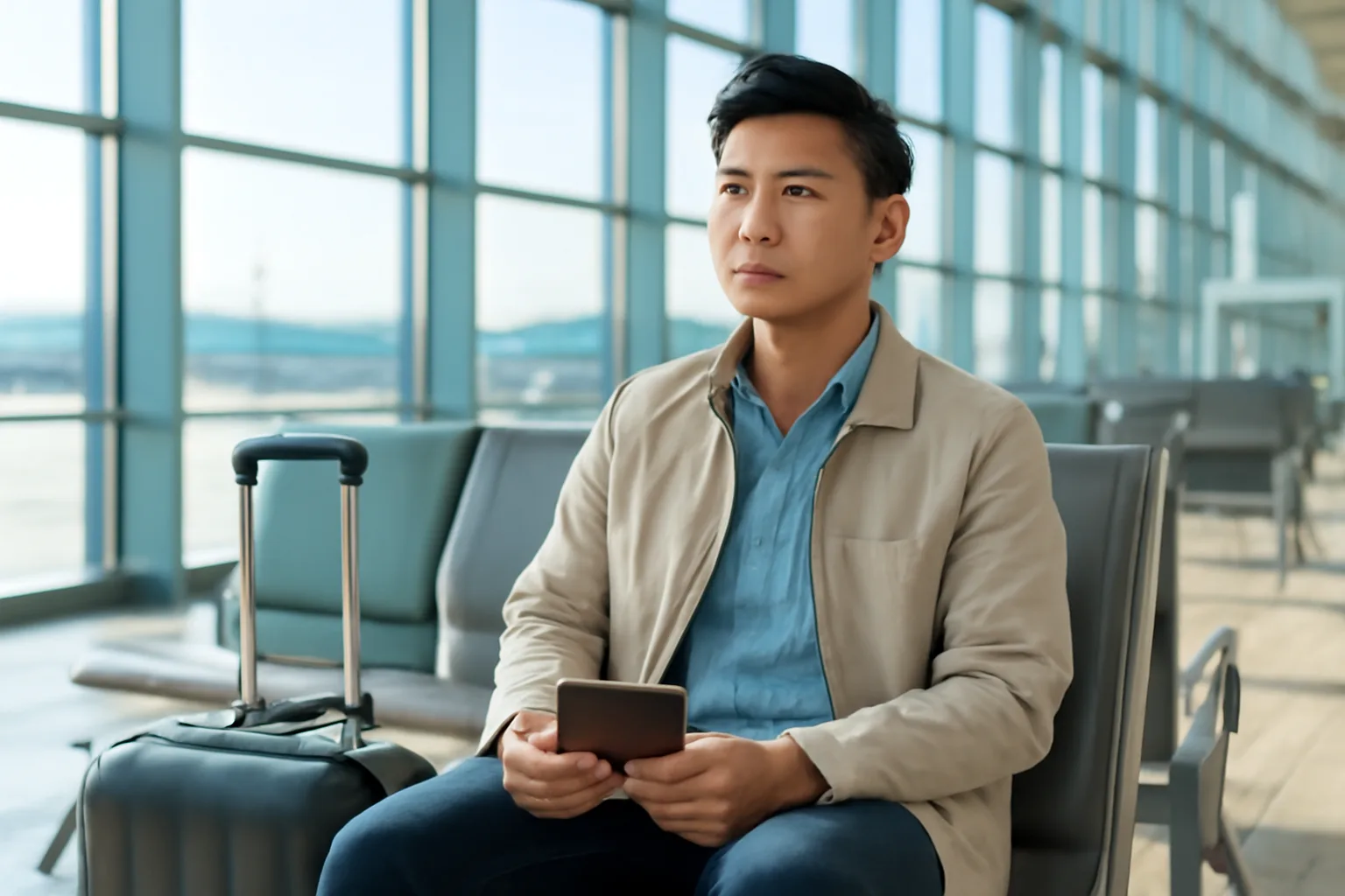 Người lao động trẻ ngồi ở sảnh sân bay với vali và hộ chiếu úp trên đùi