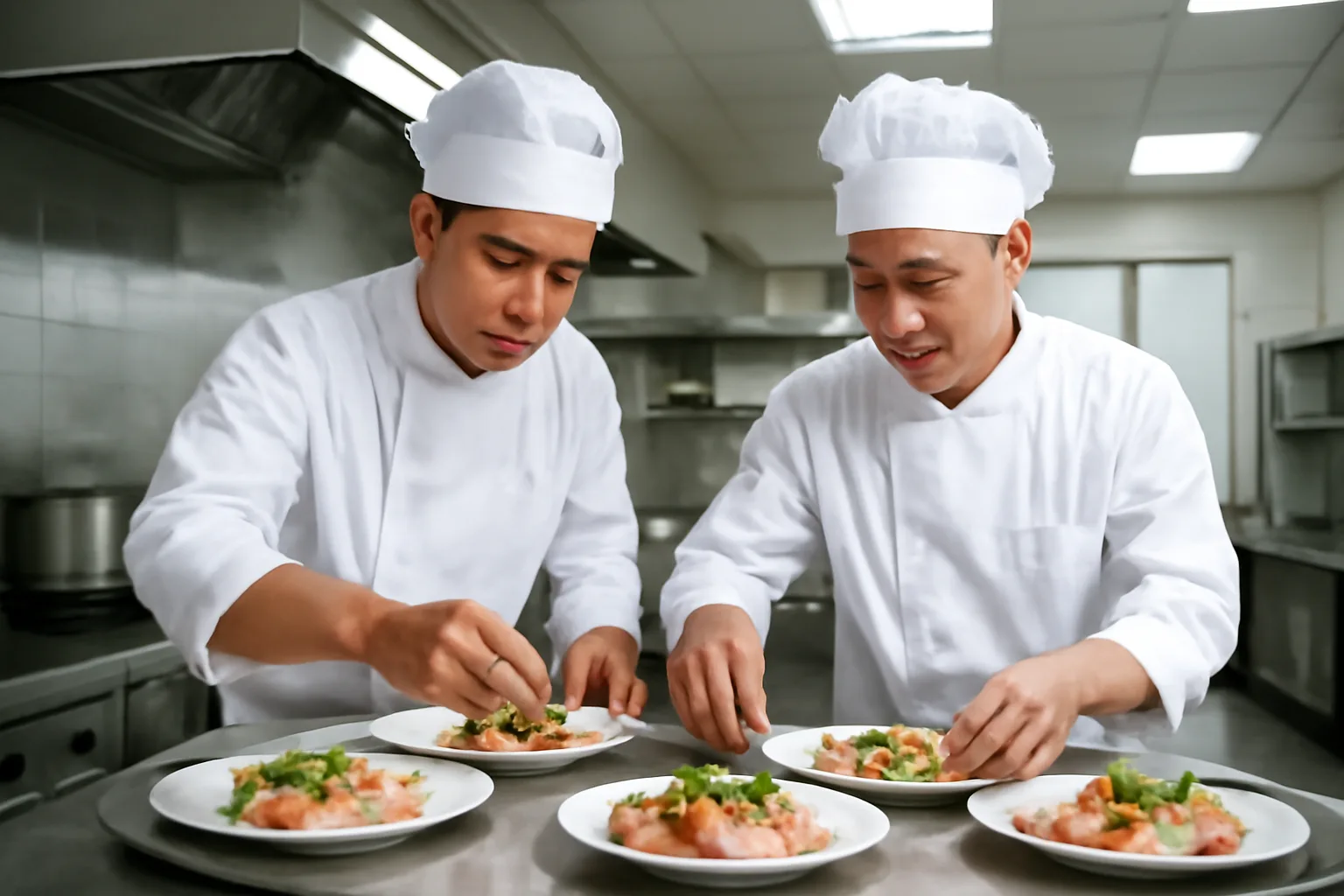 Đầu bếp và phụ bếp chuẩn bị mâm tiệc trong bếp nhà hàng buổi chiều