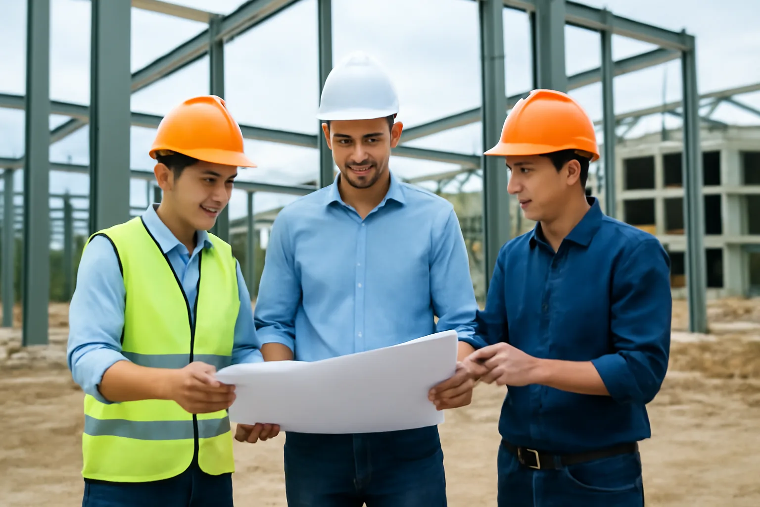 Đại diện chủ đầu tư, nhà thầu chính và nhà thầu phụ họp bên bản vẽ tại công trường