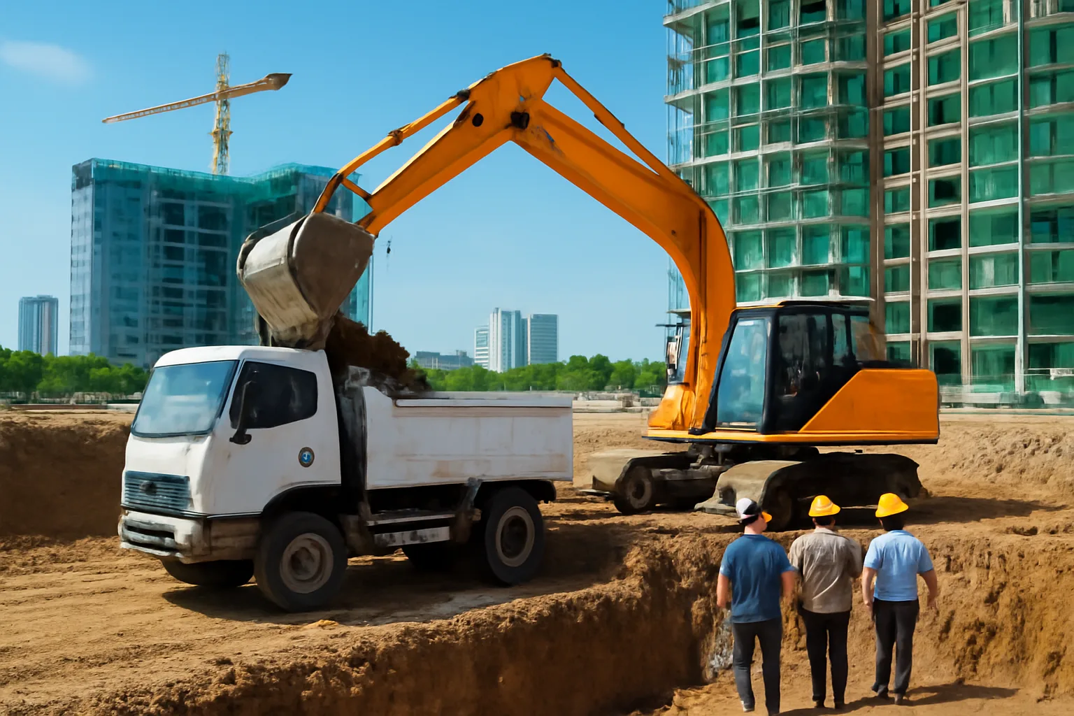 Máy xúc đổ đất đào móng lên xe tải ở công trường nhà cao tầng