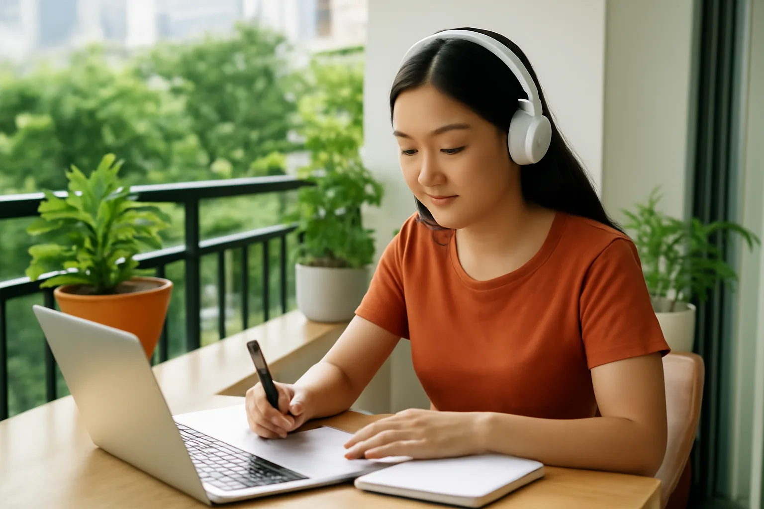 Người làm việc từ xa tại nhà với tai nghe và sổ tay trong căn hộ sáng sủa
