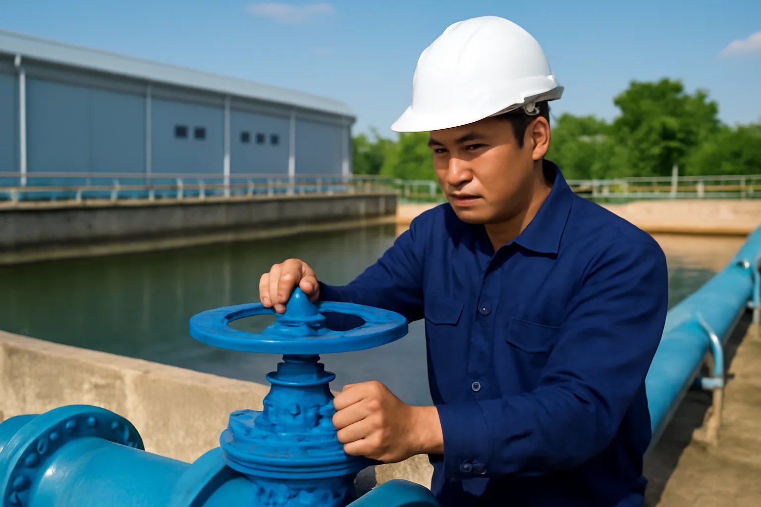 Kỹ thuật viên nhà máy kiểm tra đồng hồ đo lưu lượng trên đường ống nước bên bể chứa