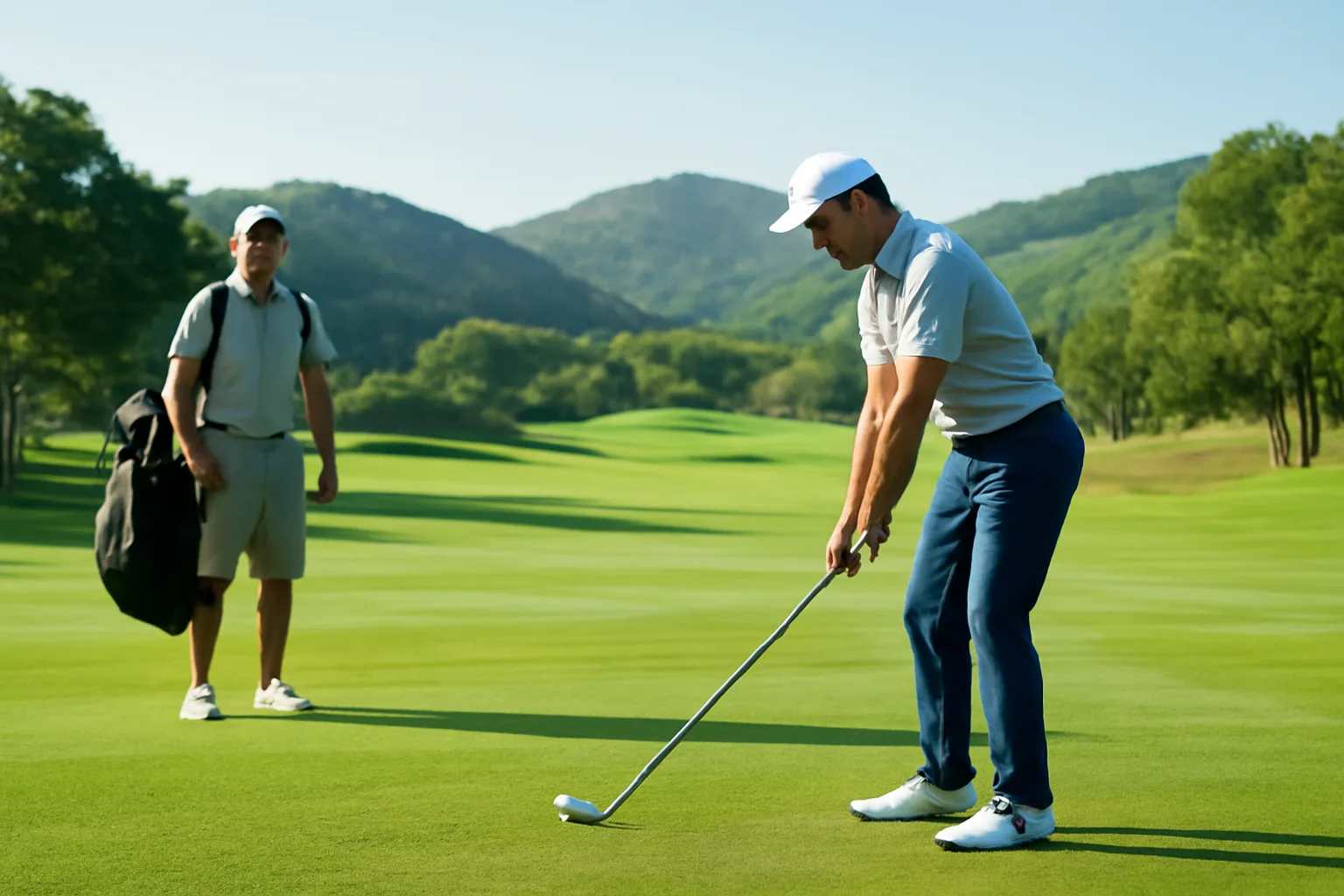 Người chơi golf đứng trên thảm cỏ xanh chuẩn bị phát bóng buổi sáng