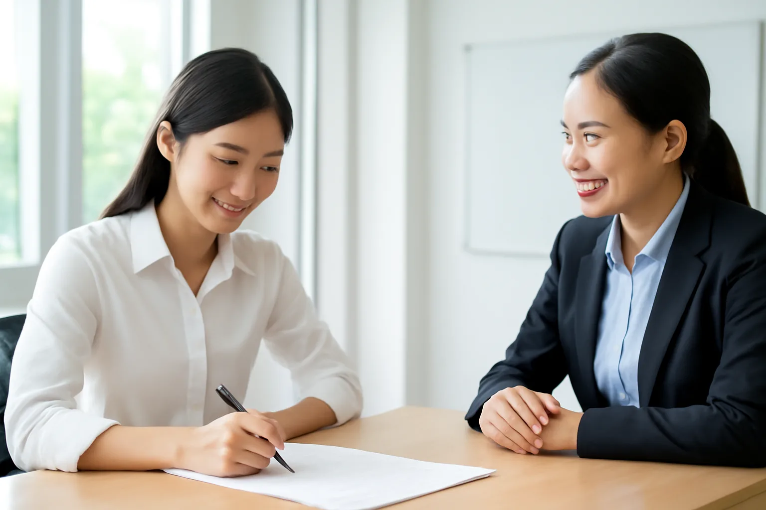 Nhân viên mới ký hợp đồng lao động chính thức với chuyên viên nhân sự tại bàn làm việc
