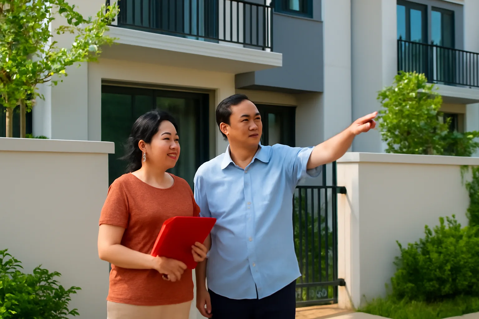 Cặp vợ chồng trung niên xem giấy chứng nhận quyền sử dụng đất trước sân nhà