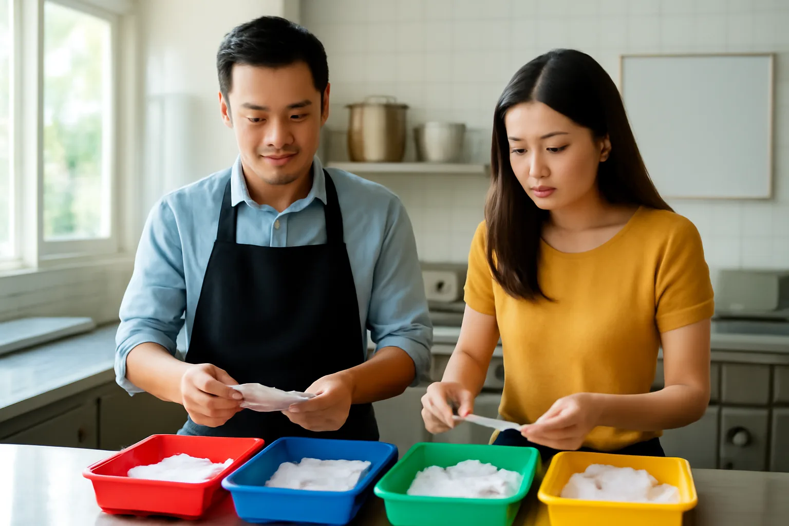 Quản lý nhà hàng và kế toán phân loại hoá đơn vào bốn khay trên bàn bếp inox