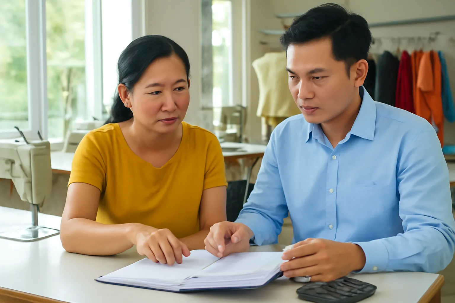 Chủ doanh nghiệp nhỏ và kế toán ngồi xem báo cáo năm bên bàn gỗ trong xưởng may