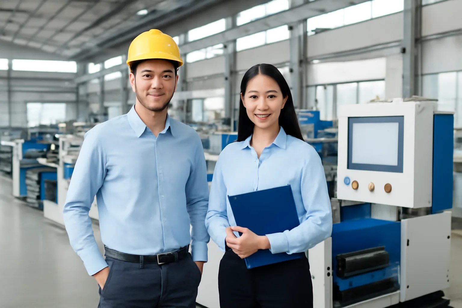 Kỹ sư và kế toán đứng trong nhà máy mới, trao đổi về hồ sơ dự án đầu tư