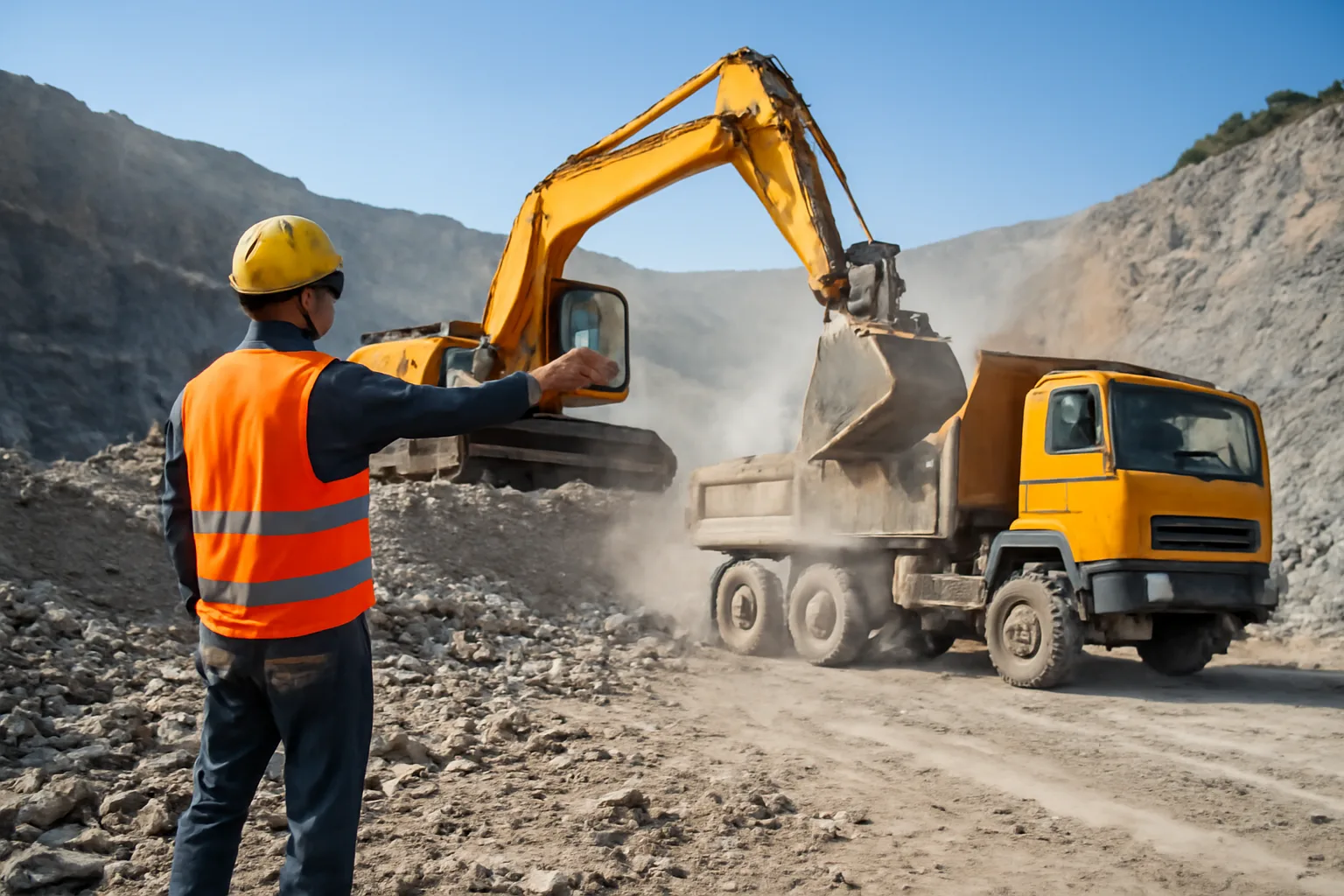 Công nhân vận hành máy xúc bốc đá tại mỏ đá lộ thiên buổi sáng