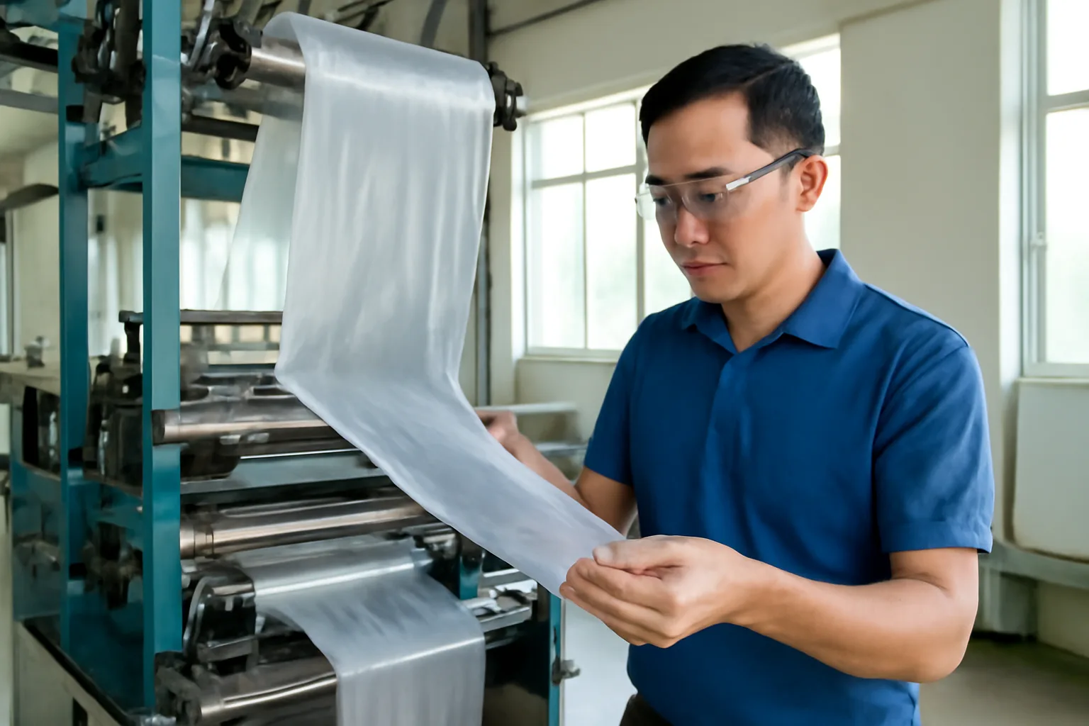 Chủ cơ sở sản xuất bao bì kiểm tra cuộn túi nhựa vừa ra khỏi máy thổi màng