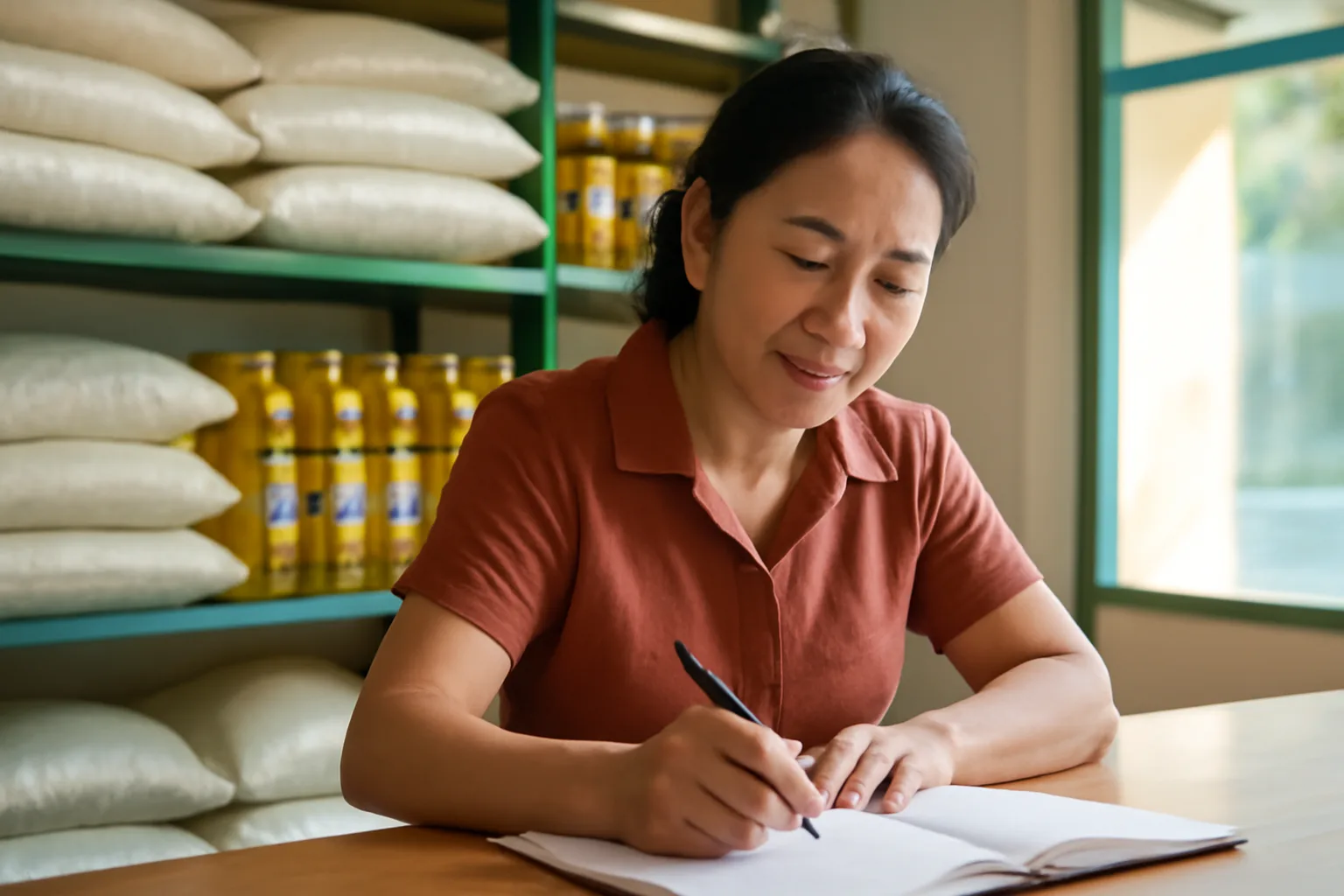 Chủ tiệm tạp hoá ghi sổ doanh thu cuối ngày bên quầy hàng