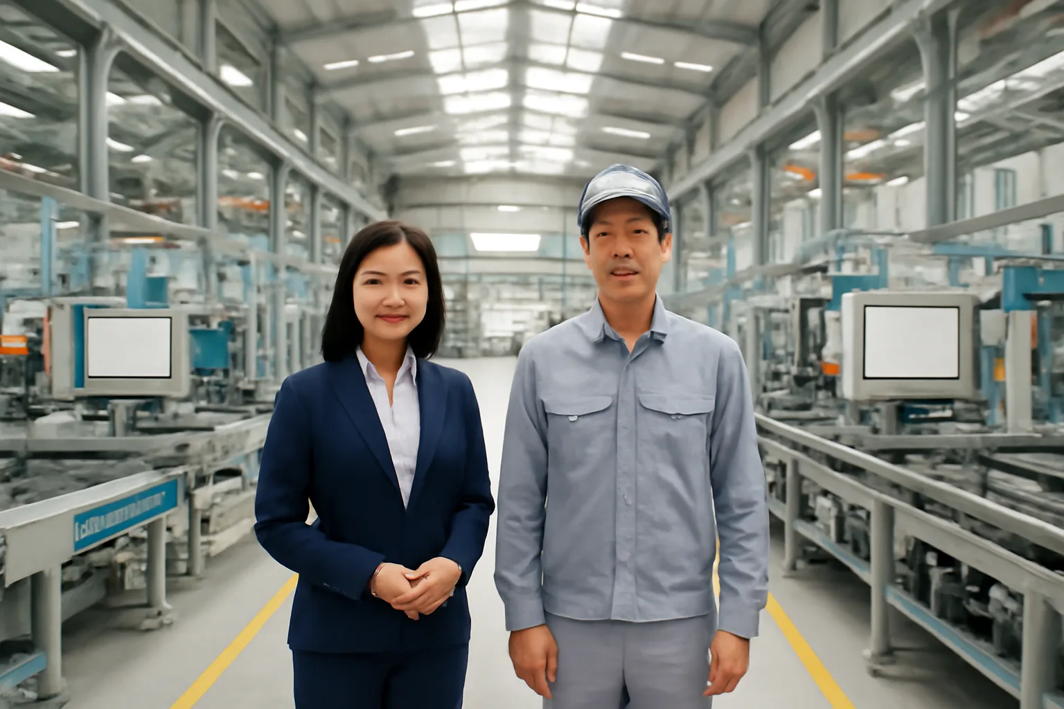 Kế toán trưởng và quản đốc đứng giữa hai dây chuyền trong cùng nhà xưởng